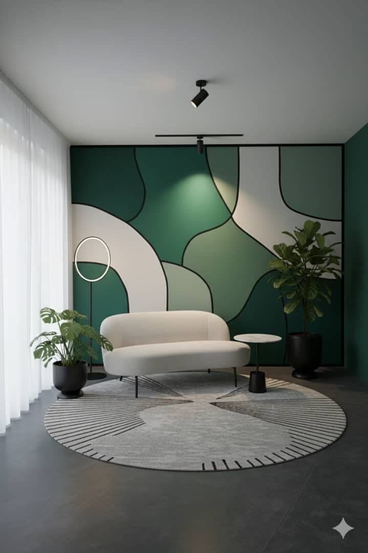 A finished living room with a deep green painted accent wall behind a curved white sofa, lit by a black pendant and softened by plants and a textured rug