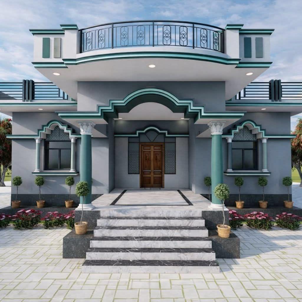 The entrance elevation of an independent house, with a columned portico, paved forecourt and planted frontage